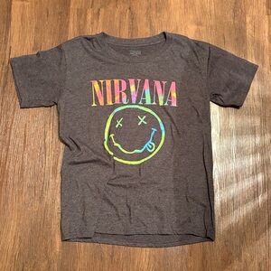 Nirvana Smiley Face T Shirt Gray Women's Size Small Rainbow Vintage Grunge EUC
